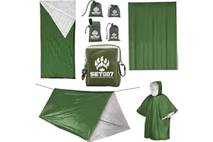 SET007 Survival Kit, Emergency Tent with Paracord, Thermal Mylar Poncho, Survival Blanket, Mylar Bivy