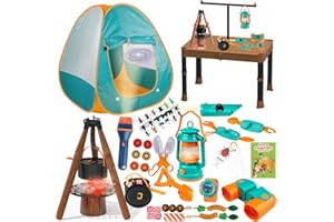 Qtioucp Kids Camping Set 50pcs with Folding Storage Table/Tent & Children’s Projector Flashlight- Outdoor Campfire Toy Set for Toddlers Kids - Pretend Play Camp Gear Tools for Birthday Christmas