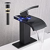 AVSIILE LED Bathroom Sink Faucet, Matte Black Waterfall Single Hole Handle Vanity Faucets for Sinks 1 Hole with Metal Pop Up Drain and 2 Water Supply Lines, Wide Glass Spout