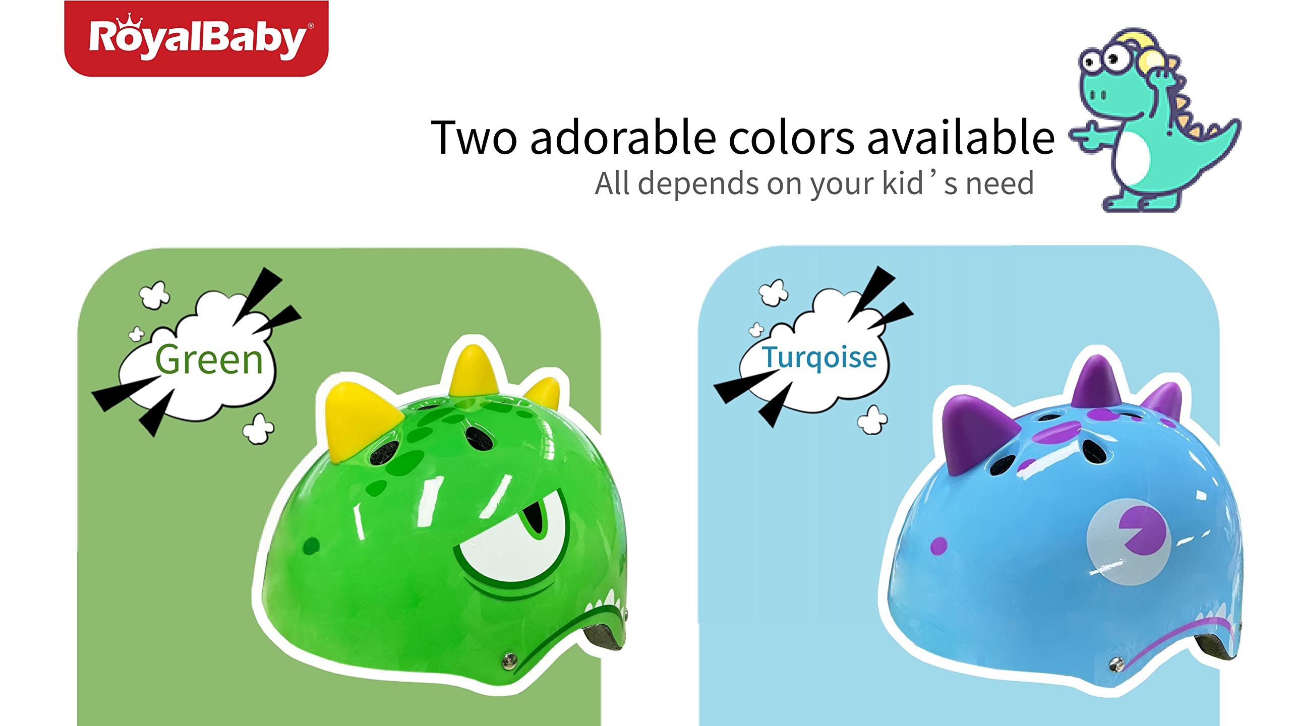 Kids Bike Helmet Toddler to Youth Sizes for Boys Girls Dinosaur Helmet Blue Green Dino Helmets for Multi-Sport