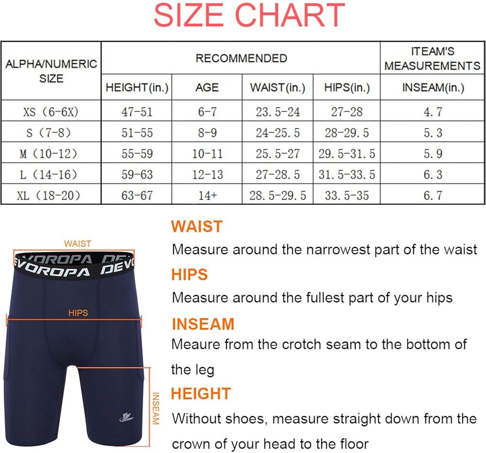 Devoropa Youth Boys' Compression Shorts Performance Athletic Base Layers Workout Training Underwear Side Pocket (Pack of 2): Clothing