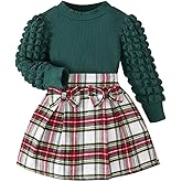 Noubeau Toddler Girls Plaid Outfits Girls Puff Sleeve Knit Ribbed Shirt Tops Plaid Skirt Set Kids Fall Winter Clothes