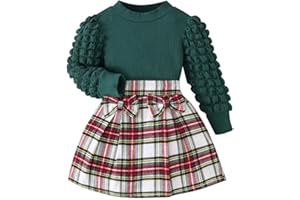Noubeau Toddler Girls Plaid Outfits Girls Puff Sleeve Knit Ribbed Shirt Tops Plaid Skirt Set Kids Fall Winter Clothes