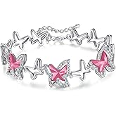 GEMMANCE Valentine's Day Gift For Women Butterfly Link Charm Bracelet with Premium Birthstone Crystal, Silver-Tone, 7”+2” Chain