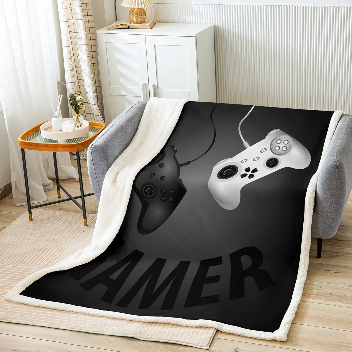 Gamepad Sherpa Blanket Kids Gamer Fleece Throw Blanket Ultra Soft Black White Video Game Gamepad Plush Blanket Warm for Bed Sofa Couch Boys Modern Game Controller Blanket Double 60x79 Inch — image 1
