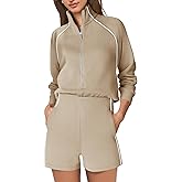 SENSERISE Womens Long Sleeve Romper One Piece Jumpsuits Mock Neck Wide Leg Shorts Fall Outfits with Zipper & Pockets