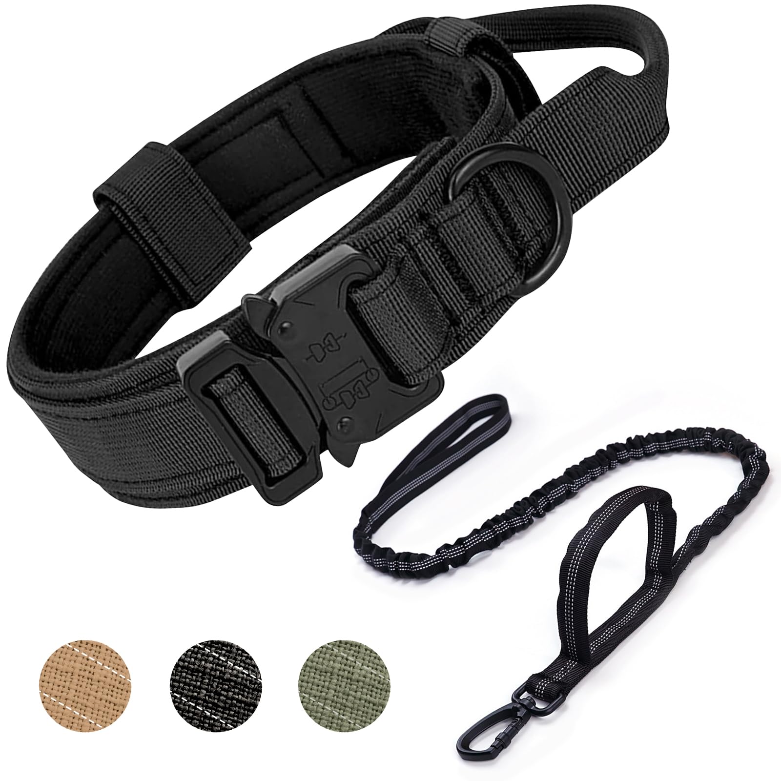 Ledeak Tactical Dog Collar, Padded Breathable Soft Nylon Pet Collar with Heavy-Duty Metal Buckle, Adjustable Basic Military Dog Collar with Handle for Medium Large Dog (Dog Collar+Dog Leash Black, XL)