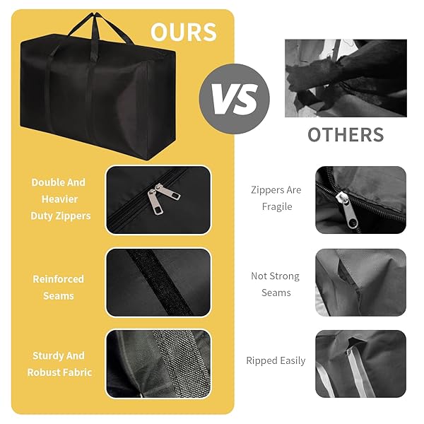 QINGXIANGZI EXTRA LARGE MOVING BAGS: 4 PACK STORAGE TOTES – WITH STURDY ZIPPERS AND WRAP-AROUND HANDLES FOR MOVING SUPPLIES AND SPACE SAVING – BLACK