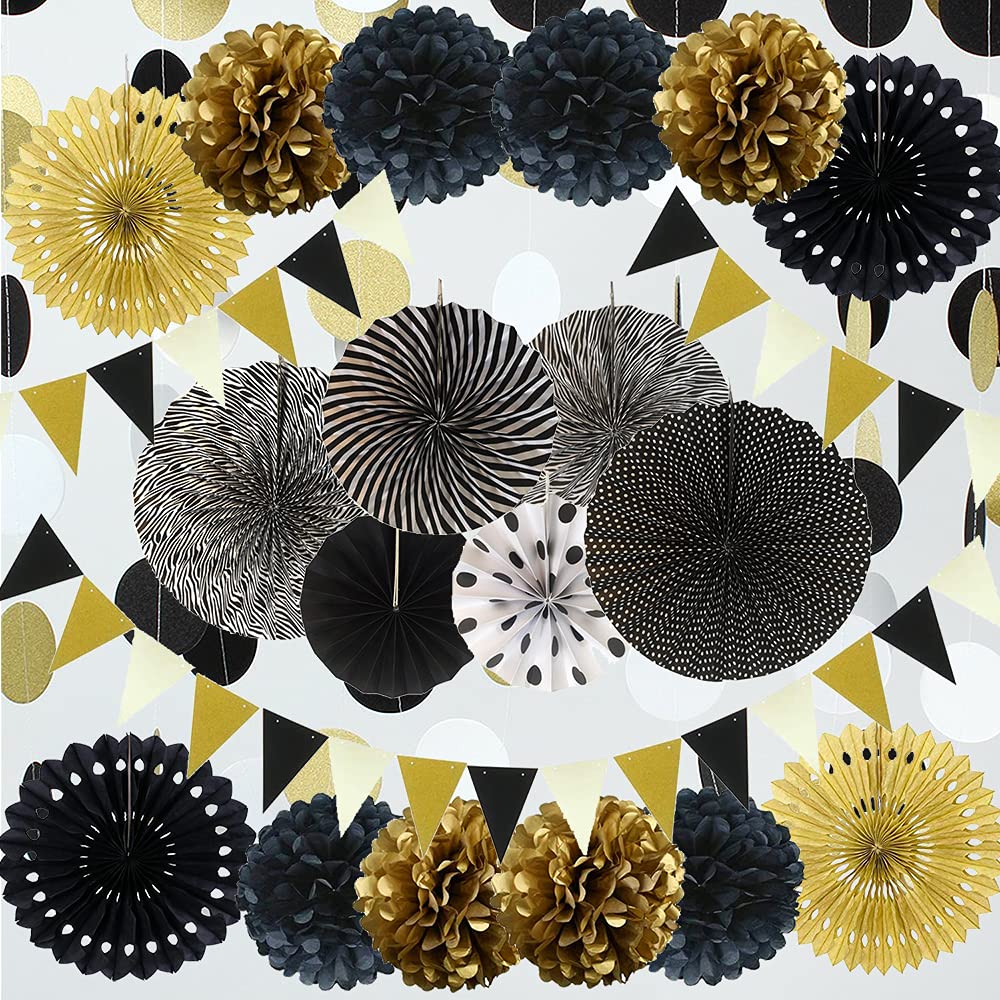 Black and Gold Party Decoration Set, 21 pcs Hanging Paper Fans, Pom Pom Flowers, Paper Bunting Flags and Polka Dot String for Mother‘s Day Wedding Birthday Baby Shower Christmas Party Decorations