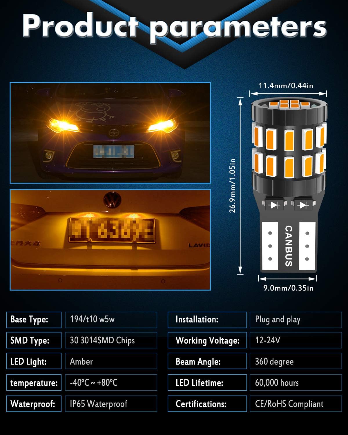 KATUR 194 T10 W5W 168 LED Light Bulb Super Bright Amber Yellow 30-SMD 3014 Chips 12-24V CANBUS Error Free LED Bulbs Replacement for Car Dome Map Door Courtesy License Plate Light (Upgraded Version) - Image 5