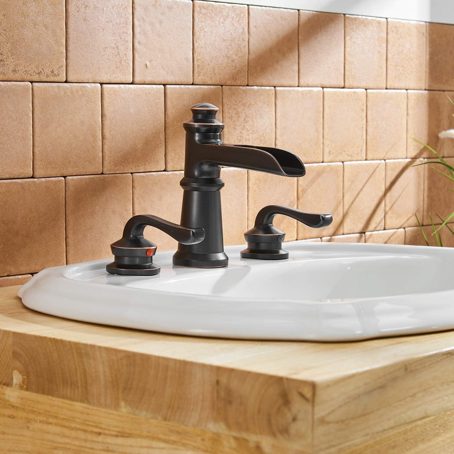 BWE Waterfall 8-16 Inch 3 Holes Two Handle Widespread Commercial Bathroom Sink Faucet Lavatory Oil Rubbed Bronze - - 