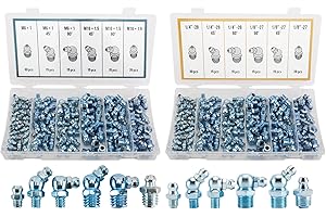 Toolly 220Pcs SAE & Metric Hydraulic Grease Fitting Kit, Grease Nipple Assortment Kit – 1/4", 1/8" M6 M10 Straight, 90 Degree