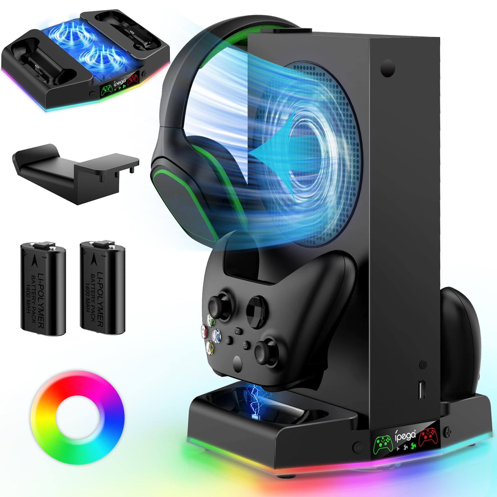 MENEEA Cooling Stand & Charging Station for Xbox Series S with 15 RGB LED Light Modes - Dual Controller Charger & Cooler Fan for Xbox Series S Accessories with 2*1400mAH Batteries and Headphone Hook