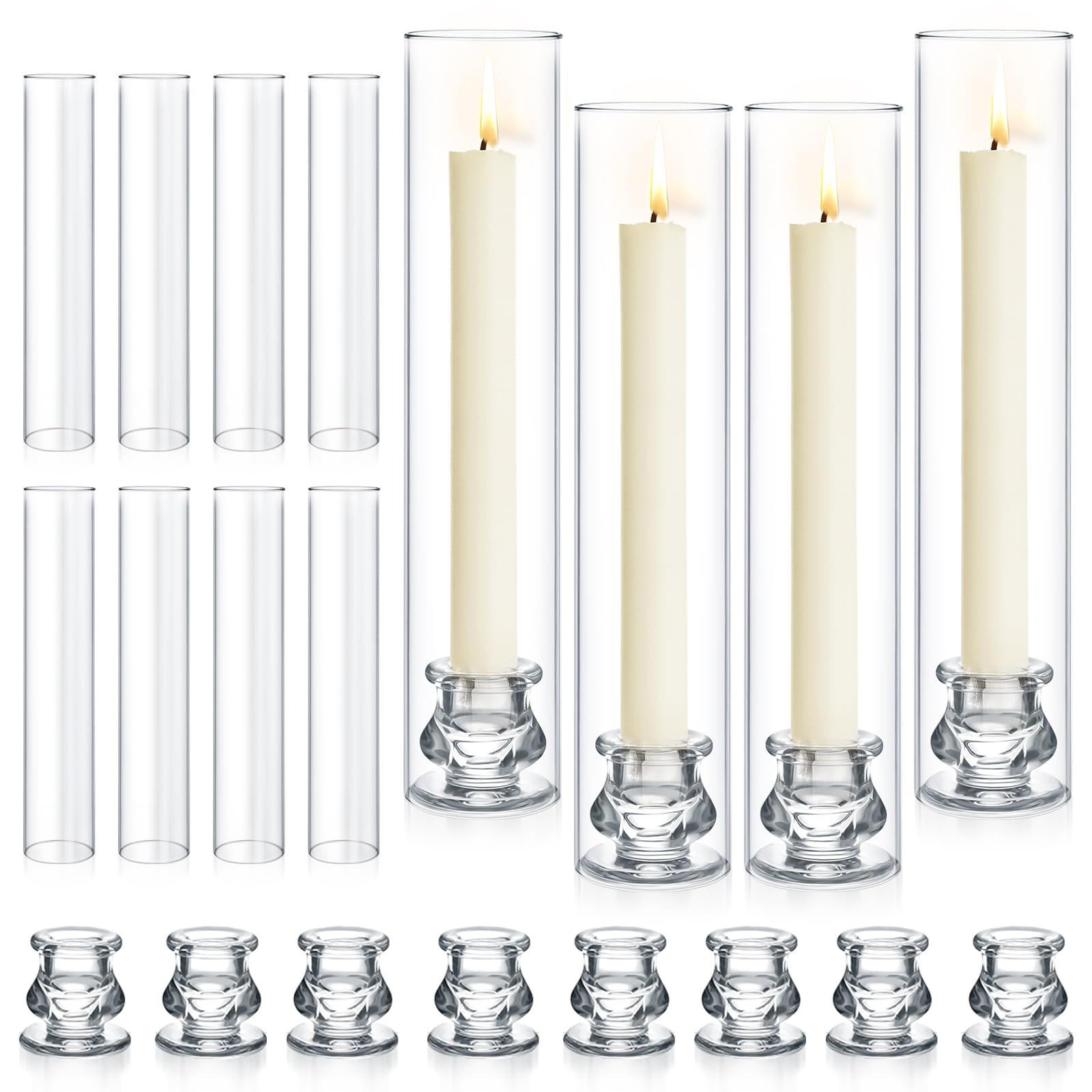 Photo 1 of 12 Set Hurricane Glass Candlestick Holders 12.6" Two Side Open Glass Candle Holders and 2.2" Taper Candlesticks Holder Bulk for Table Centerpiece Wedding Christmas Home Decor