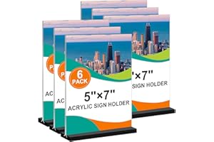 Acrylic Sign Holder 5x7, 6-Pack Plastic Clear Vertical Double-Sided Menu Display Stand with Double-Sided Display, Perfect for