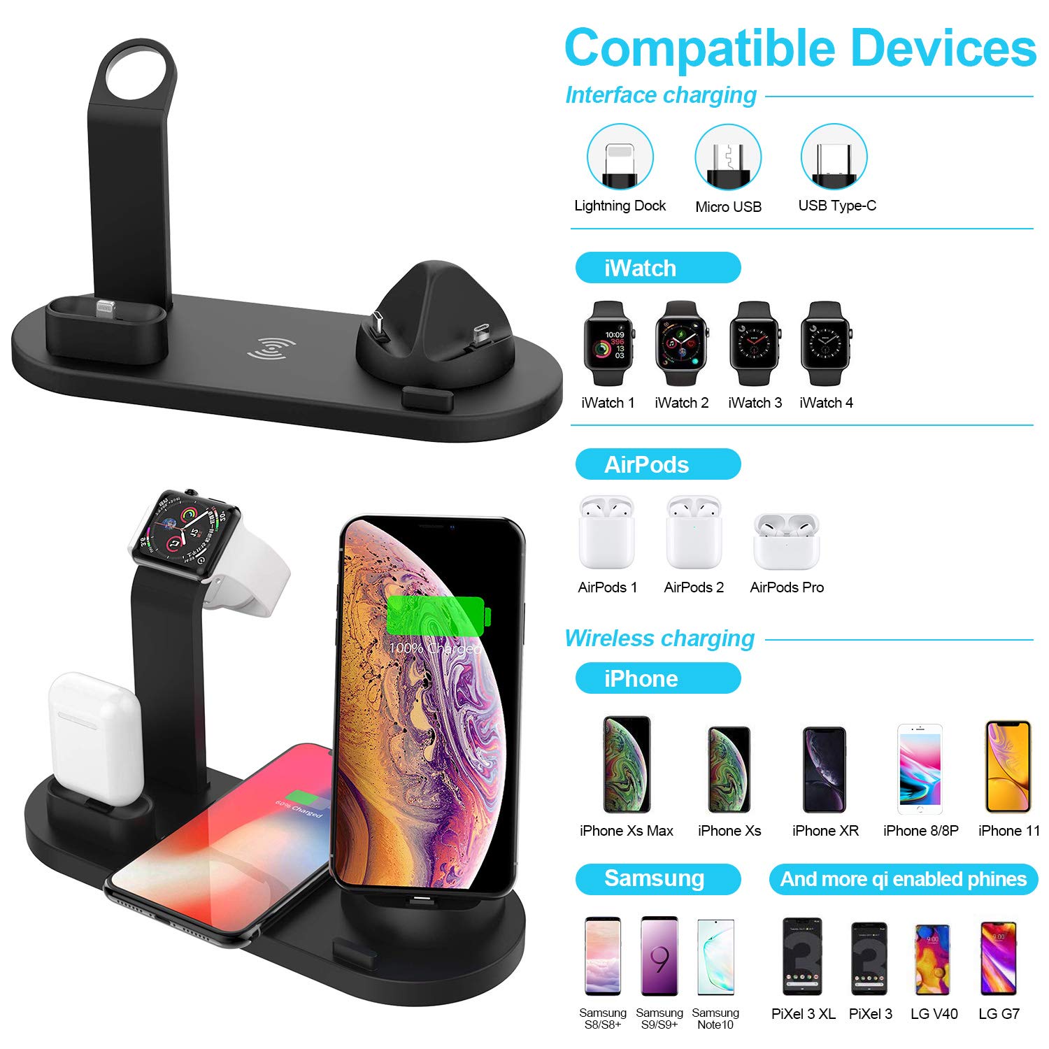 6 in 1 Wireless Charger Qi-Certified Wireless Charging Dock Compatible with Apple Watch 5 and Airpods Charging Station for iPhone 11 11 Pro X XS XR Xs Max 8 8 PlusSpace (2019 Upgrade Black)