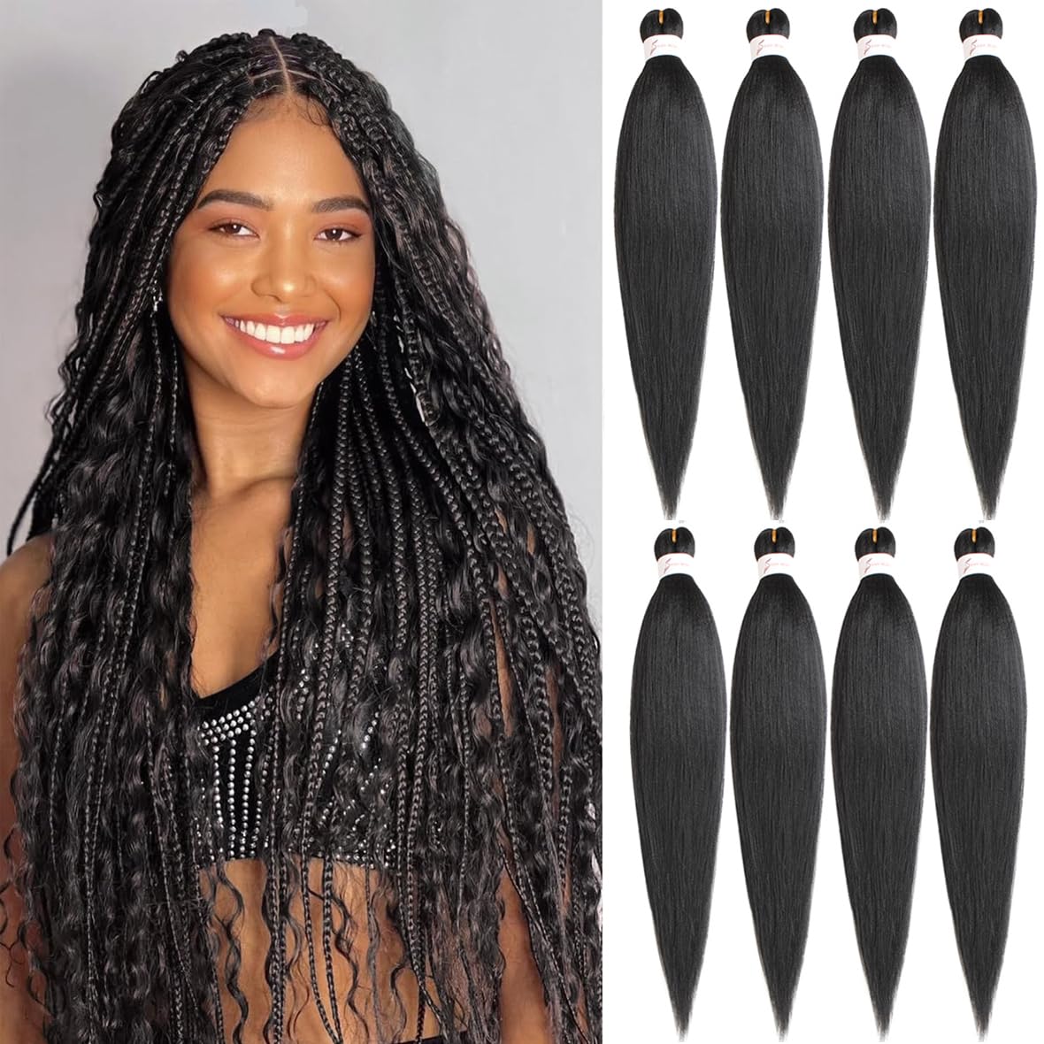 Kachanaa 30 Inch Pre Stretched Braiding Hair 8 Packs EZ Braids Yaki Hot Water Setting Kanekalon Hair for Braiding Yaki Texture Pre Stretched Braiding Hair Extensions 1B#