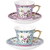 KAMMAK Tea Cups and Saucers Set of 2, Porcelain Coffee Cups with Saucer for Espresso, Cappuccino, 8oz Vintage Pink and Blue Ceramic Novelty Mug for Home, Tea Party, Office