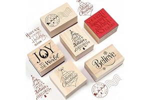 Watersay 6 Pcs Christmas Rubber Stamp Set Merry Christmas Wooden Rubber Stamp Snow Tree Stamps Vintage Wooden Art Stamps for Crafting and DIY Scrapbooking Card Making Hand Book (Retro)