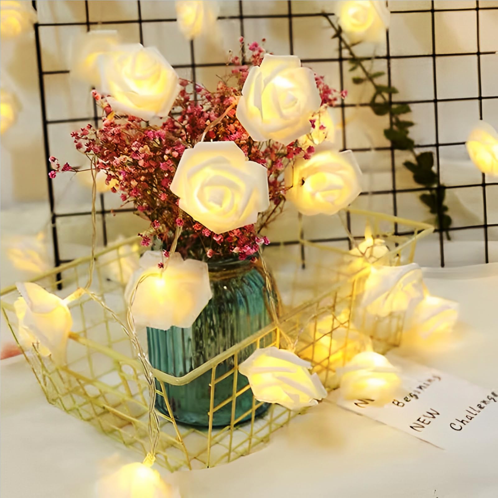 Fybida Rose Flower String Lights, 20 LED USB-Powered Warm White Rose Garland, 9.8Ft Indoor/Outdoor, Perfect for Valentine Day, Weddings, Parties
