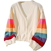 BEAUDRM Girl's Rainbow Cardigan Sweaters Cute Striped Lightweight Sweaters Button Up Cardigan Long Sleeve Knit Outerwear
