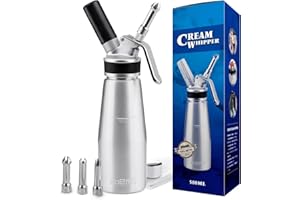 ZOEMO Profesional Whipped Cream Dispenser - Ugraded Full Metal Cream Whipper Canister, w/Durable Metal Body & Head with 3 Stainless Steel Decorating Tips (Professional Silver 500 ML)