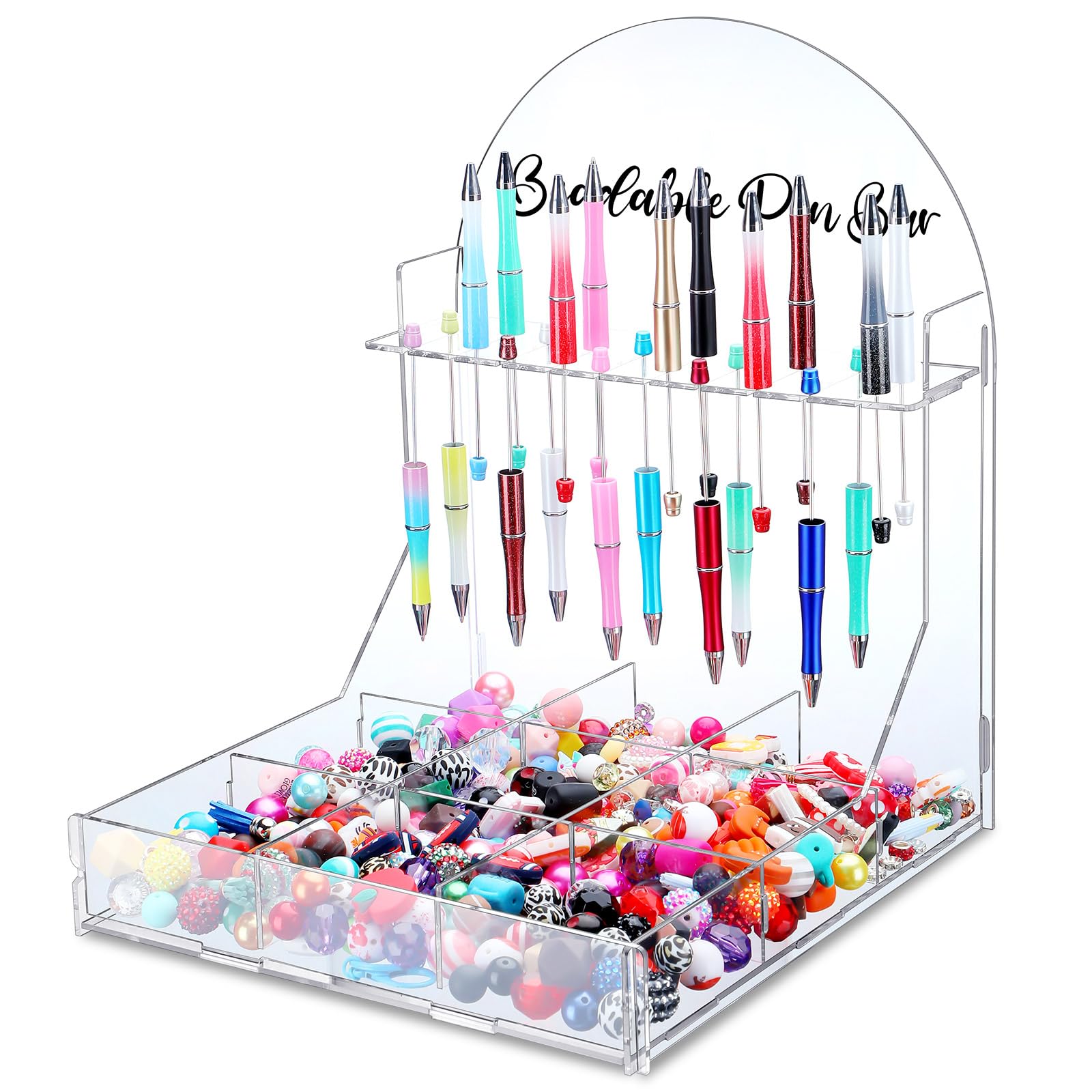 Photo 1 of Glenmal Beadable Pen Bar Holder with Sorting Tray 10 Slots Beadable Pen Display Stand Beadable Pen Storage Organizer with Bead 9 Grid Organizer Box Divided Storage Case for DIY Home Office (Acrylic)