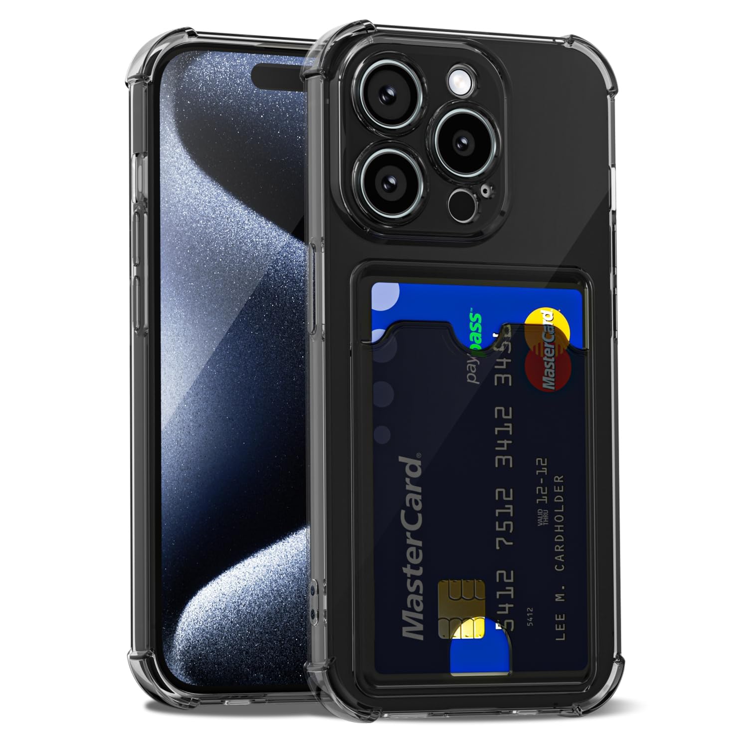 LoeoeL for iPhone 15 Pro Case Wallet, Purse for Women Men Thin Slim Clear Phone Case with Card Holder Credit Card Slot, Transparent Soft TPU Silicone Cover with Hard Camera Cover Protection, Black