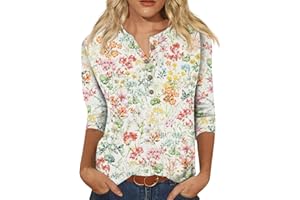 AMOBER Women's 2024 Summer Henley V Neck Button Up Tunic Ladies Loose Fit Tops Flowy 3/4 Sleeve Basic Blouse Tops