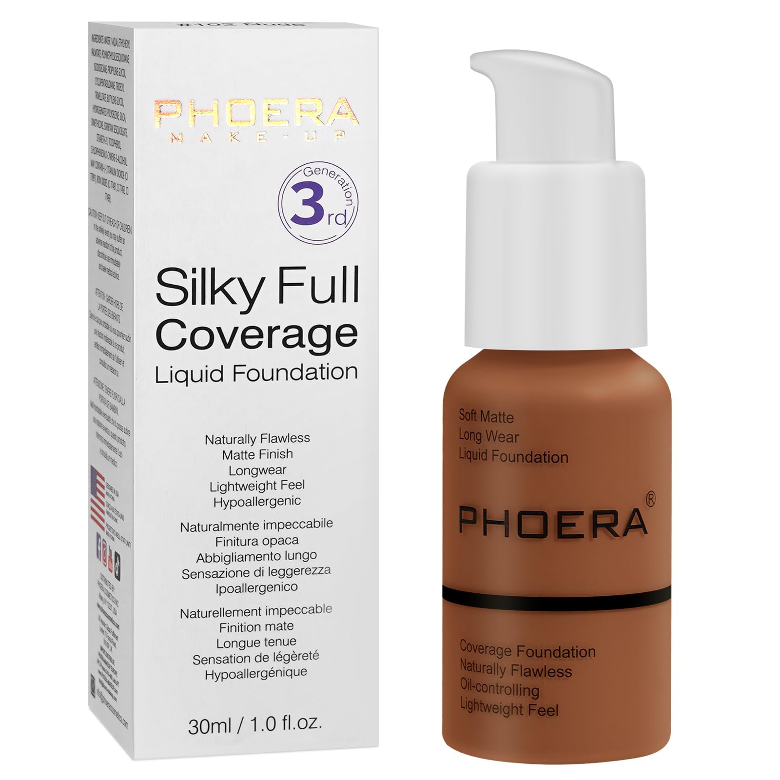 PHOERA Matte Liquid Foundation & Concealer, 30ml Full Coverage, 24HR Oil Control (110-Truffle) — image 1