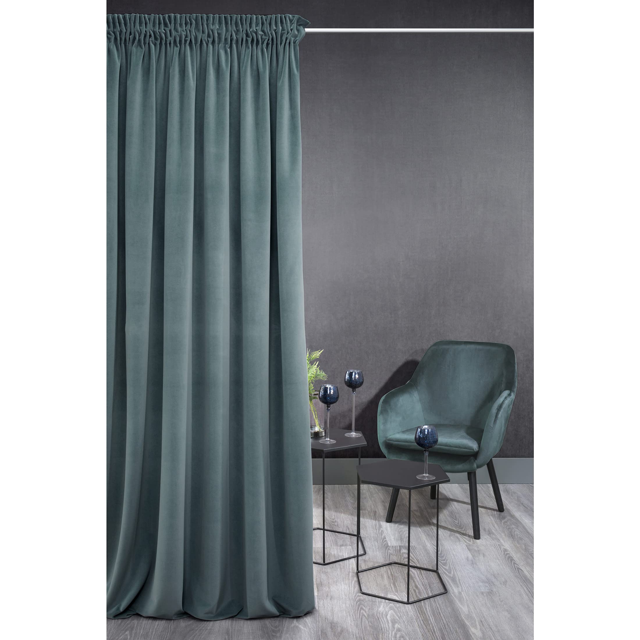 Eurofirany KRISTI Velvet Curtain with Rufflette Tape - 1 pc. Thermal Curtain, Blackout Curtain for Bedroom Living Room Dining Room, Density 330g/m², W55 x L106, Light Blue