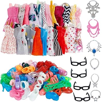 Kewholesale 30 Item/Set Doll Accessories = 10x Mix Fashion Cute Dress + 4X Glasses+ 6X Necklaces + 10x Shoes Dress Clothes for Barbie Doll