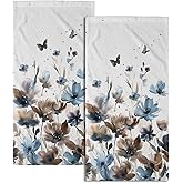 Imiss Watercolor Brown Blue Floral Hand Towel Set of 2, Wildflower Butterfly Decorative Bathroom Multipurpose Towels for Yoga Gym Spa Hotel Kitchen 14.4 x 28.3 Inch
