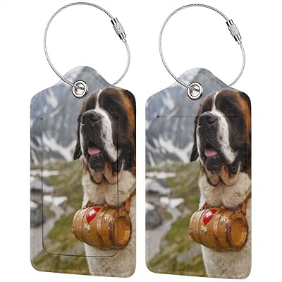 Saint bernard dog muzzle barrel Luggage Tags with Full Back Privacy Cover Leather Case Luggage Bag Tags Travel Tags 2 Pcs Set