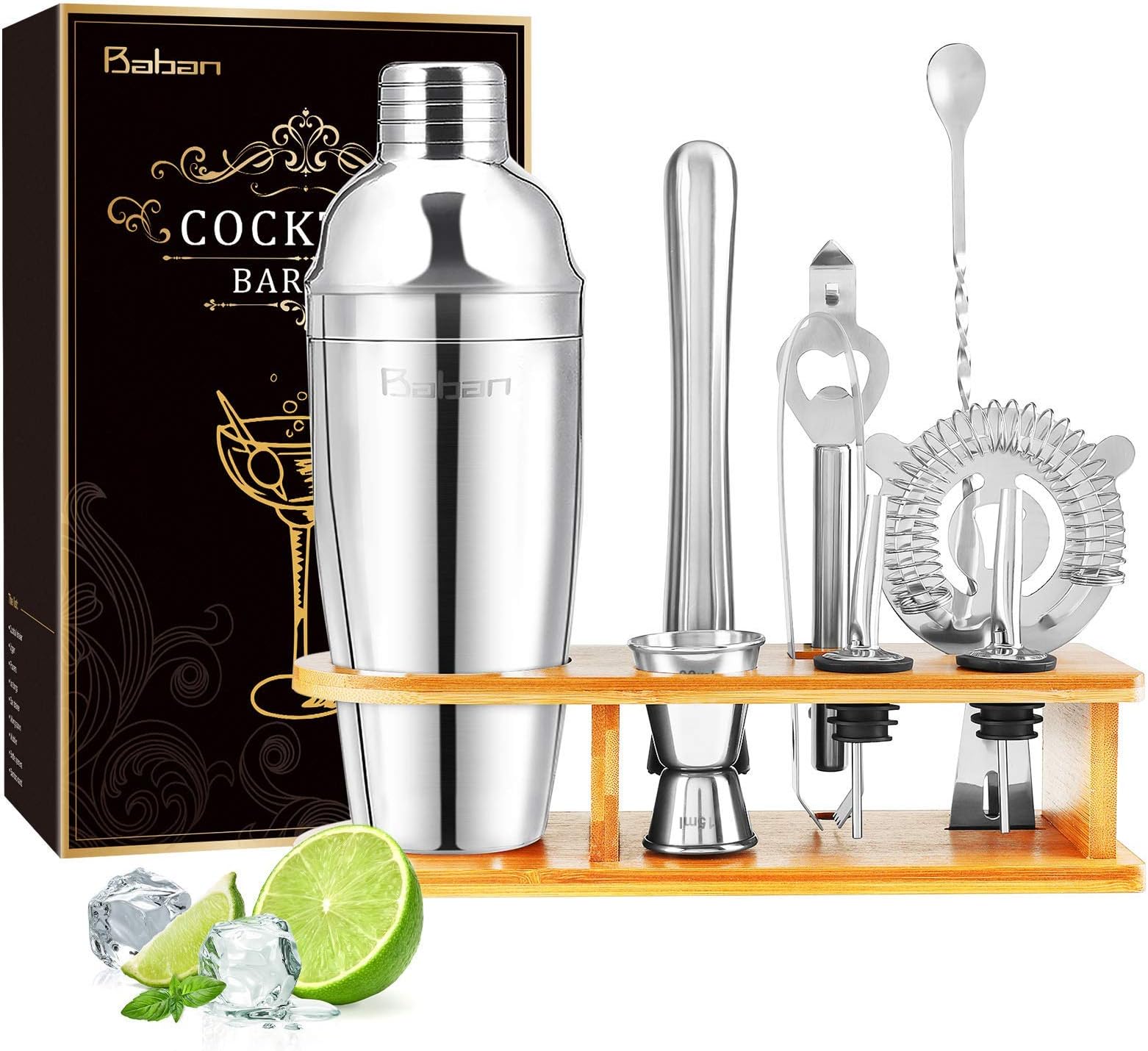 Baban Cocktail Shaker Set 9+1PCS Cocktail Making Set 750ml Barware Set Stainless Steel Bartender Kit with Display Stand, Cocktail Set Gift for Birthday