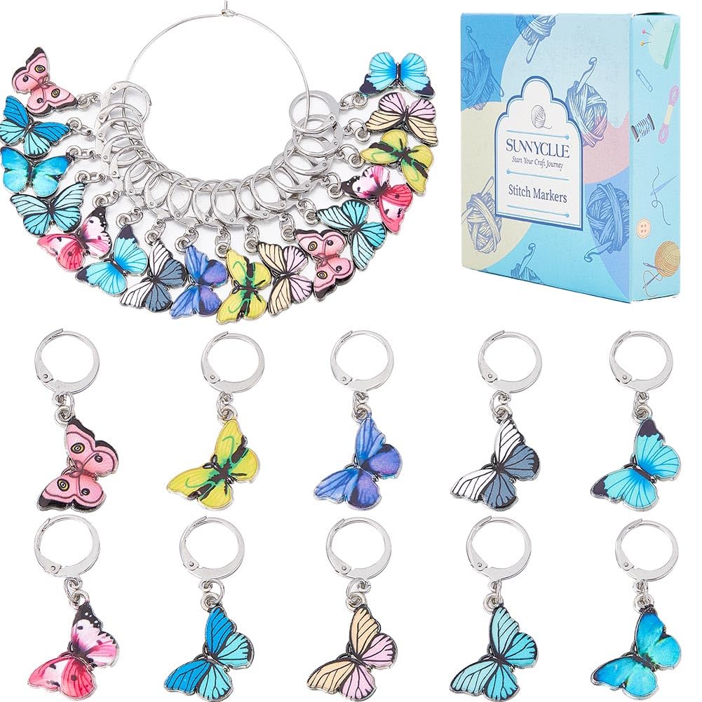 SUNNYCLUE 1 Box 20Pcs Stitch Markers Cute Butterfly Lobster Clasp Charms Crochet Stitch Marker Removable Knitting Stitch Markers Metal Crocheting Markers for Sewing Weaving Knit Threading DIY Craft