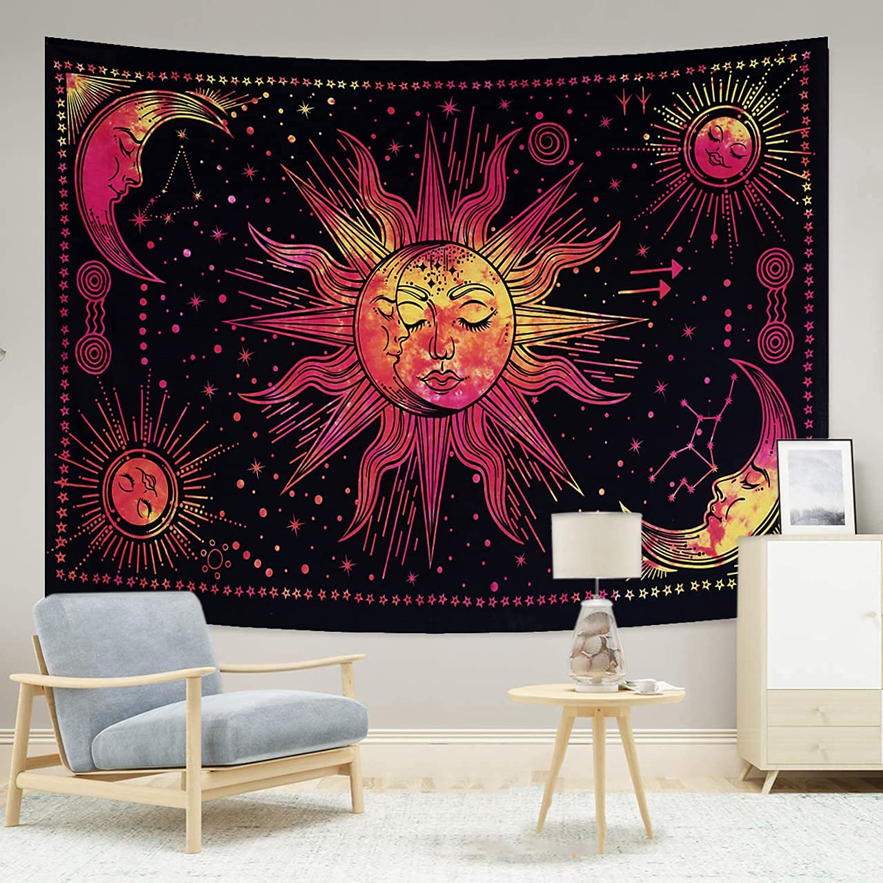 THE ART BOX Room Decor Wall Art Tapestry For Bedroom Aesthetic Wall Decor Sun And Moon Psychedelic Mystic Tapestry Yoga Meditation
