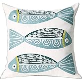UnionKK 1 PCS Embroidered Throw Pillow Cover Cotton Decorative Square Cushion Cases for Home Sofa Bed and Chair 18 x 18 Inch (Blue Fish)
