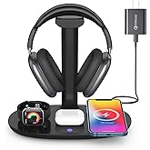 Headphone Stand with 15w Wireless Charger, Suguder 4 in 1 Charging Station Headset Holder for AirPods Max/Pro/4/3/2 iWatch 10/9/8/7/6/5/4/3/2/1/SE iPhone 17/16/15/14/13/12/11/X for Desktop Table Game