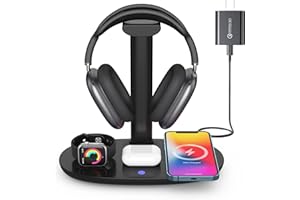 Headphone Stand with 15w Wireless Charger, Suguder 4 in 1 Charging Station Headset Holder for AirPods Max/Pro/4/3/2 iWatch 10/9/8/7/6/5/4/3/2/1/SE iPhone 16/15/14/13/12/11/X for Desktop Table Game