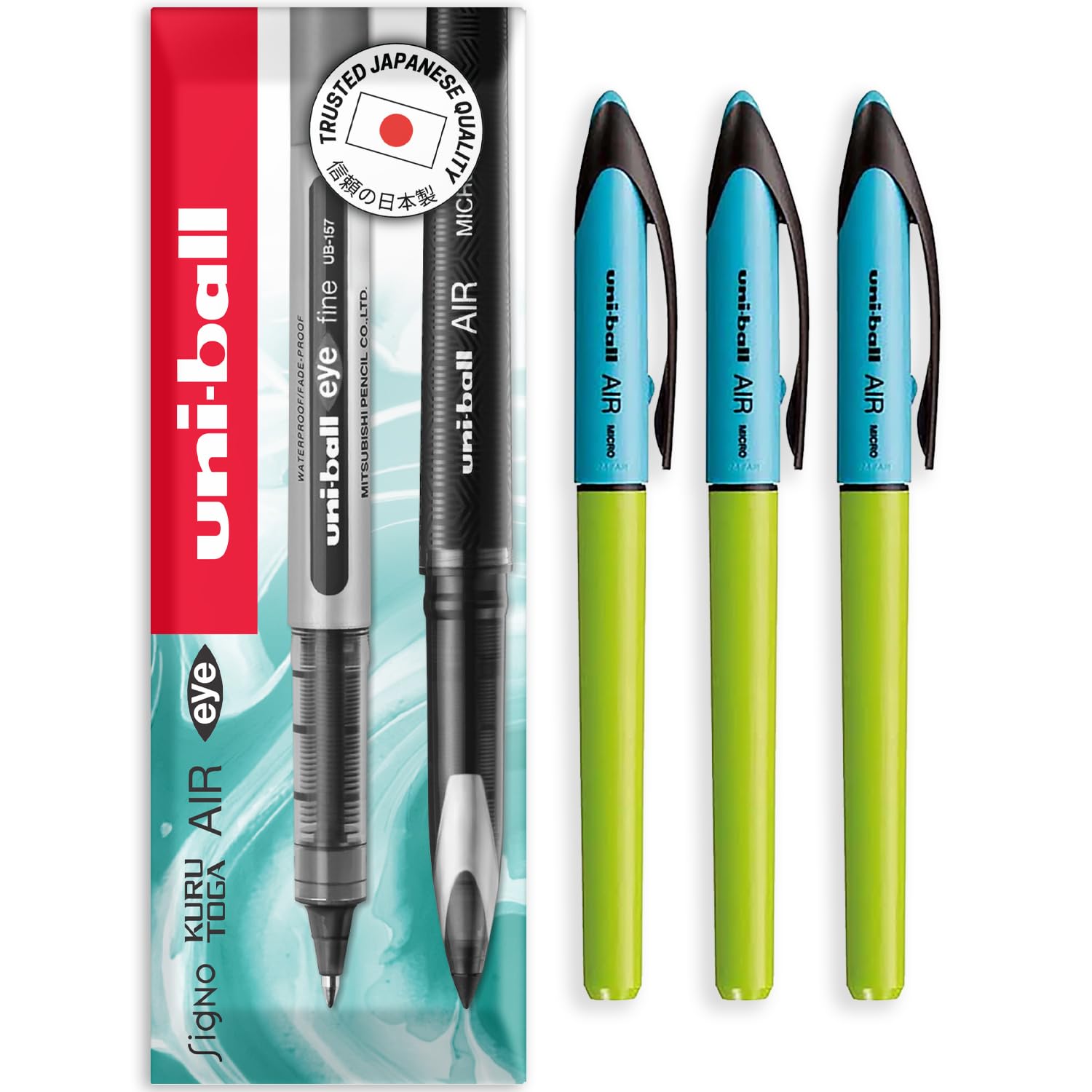 uni-ball Air – 0.5mm Rollerball - Lime Green Barrel - Black Ink – Pack of 3 - UBA-188E-M - In Envelope Gift Packaging