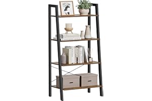 VASAGLE Ladder Shelf, 4-Tier Bookshelf, Storage Rack, Bookcase with Steel Frame, for Living Room, Home Office, Kitchen, Bedroom, Industrial Style, Rustic Brown and Ink Black ULLS44X