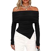 PRETTYGARDEN Women's Off The Shoulder Tops Spring Fashion 2026 Long Sleeve Shirts Going Out Slim Fitted Blouses Fall Clothes