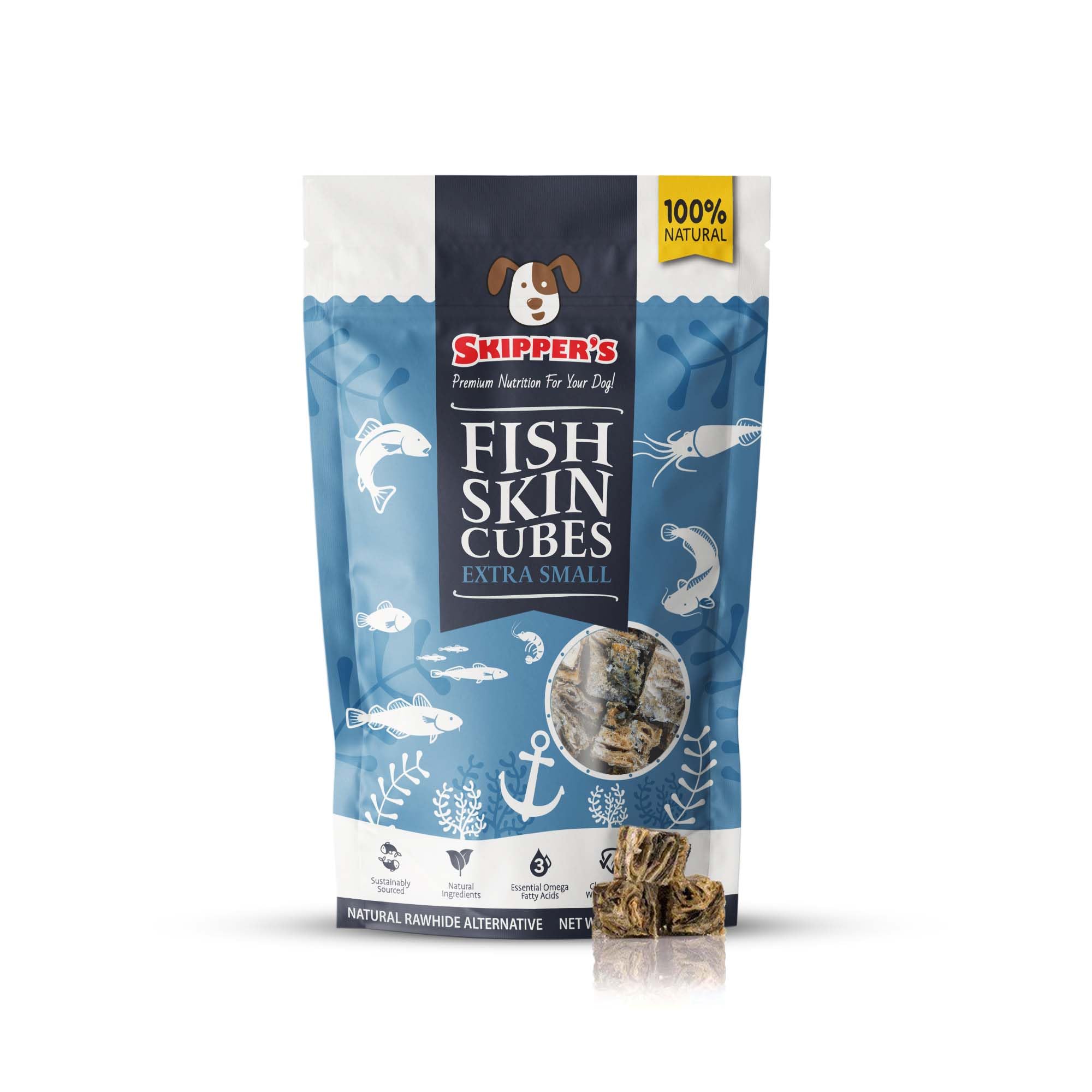 SKIPPER'S Fish Skin Jerky Cubes - Gently Air Dried Dog Treats, Healthy & Natural Treat for Dog, Hypoallergenic Grain Free, High in Protein & Low Fat | Great for Teeth (Cube Size Extra Small, 70g Pack)