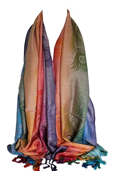 Bullahshah Peacock Feather Print Regenbogen Farben große Pashmina-Fühlen Wrap Scarf Schal Hijab