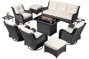 LayinSun 10 Pieces Outdoor Patio Furniture Set with Fire Pit Table, Rattan Wicker Sectional Swivel Rocker Chairs Sets with Ottomans, Swivel Glider Chairs and Coffee Table
