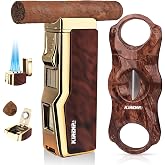All-in-one Cigar Lighter with V Cigar Cutter, Built-in Cigar Punch, Holder, Quad Windproof Jet Flame, Refillable Torch Lighter Set with Gift Box, Cool lighters for Smoking, Birthday (Woodgrain&amp;Gold)
