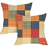 Fjfz Farmhouse Patchwork Decorative Throw Pillow Covers 18 x 18 Set of 2, Colorful Vintage Quilted Buffalo Plaid Check Porch Outdoor Home Decor, Retro Geometric Sofa Couch Cushion Case