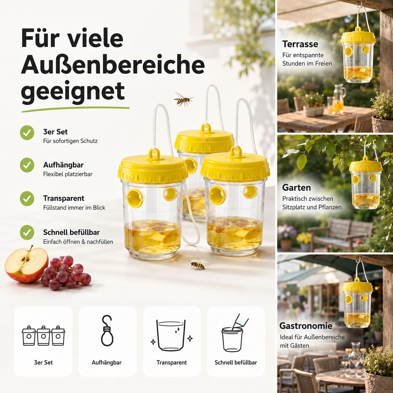 Wespenfallen – Starke Wespenabwehr für Außenbereiche – praktische Lösung gegen Wespen für Garten, Balkon und Outdoor - Insektenfalle (3X) 8