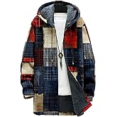 MARSVOVO Retro Patchwork Long Hooded Cardigan for Men Casual Stylish Fleece Lined Zip Up Hoodies Spring Fall Warm Jacket